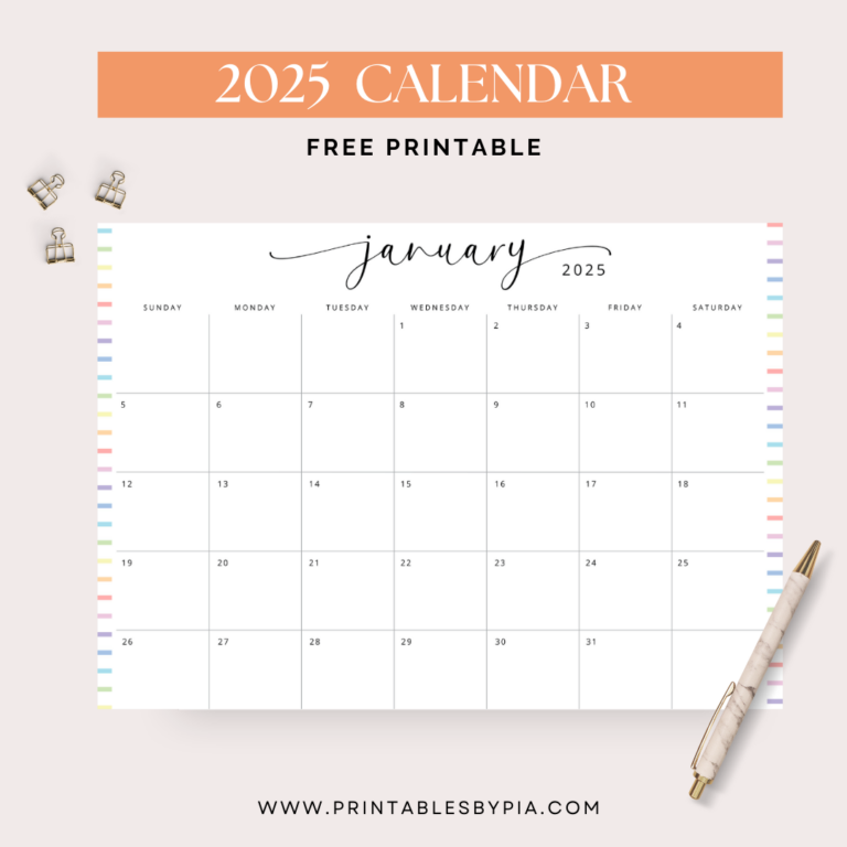 Free Printable 2025 Monthly Calendar (12 Months)